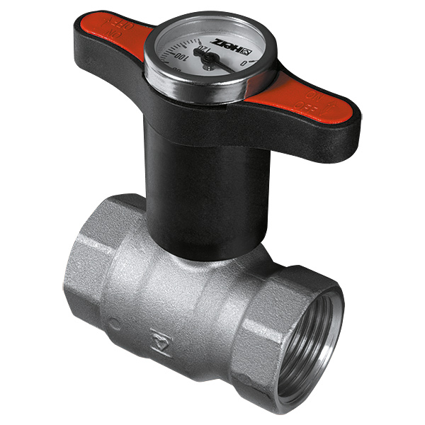 Ball valve - extended T-handle with thermometer, red, PN 25