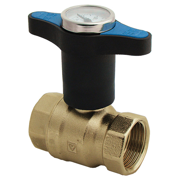 Ball valve with extended T-handle with thermometer, blue, PN 25