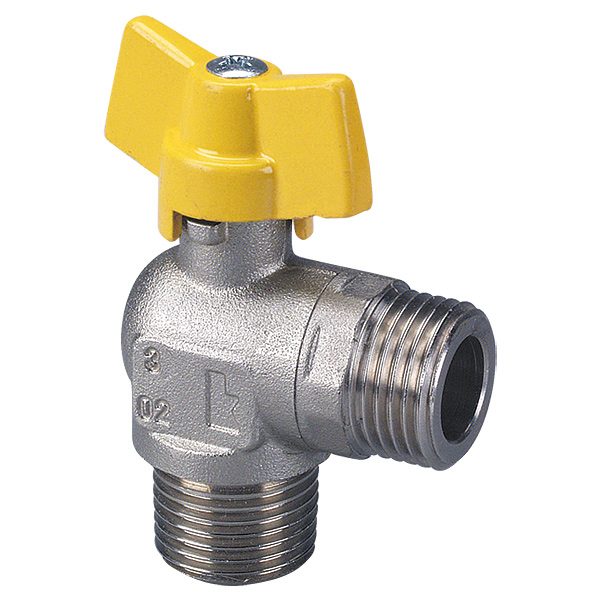 Ball valve for device connection with T-handle, angle version, AG x AG, PN 1