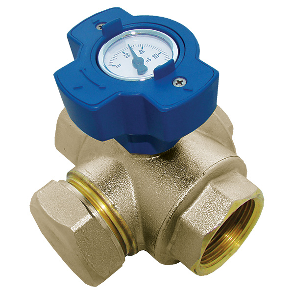 Multifunction ball valve with blue hand wheel and thermometer <br> 0–120 °C, PN 25