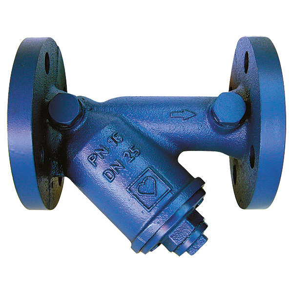 HERZ strainer with inclined body and flanged connection. With fine-mesh strainer of chromium-nickel steel